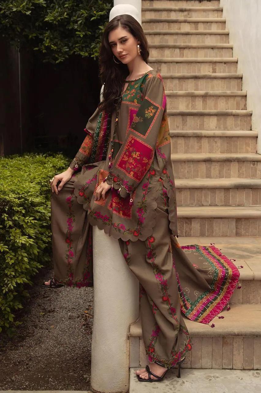 Olive Green Printed & Embroidered 3-Piece Unstitched Lawn Suit with Matching Dupatta