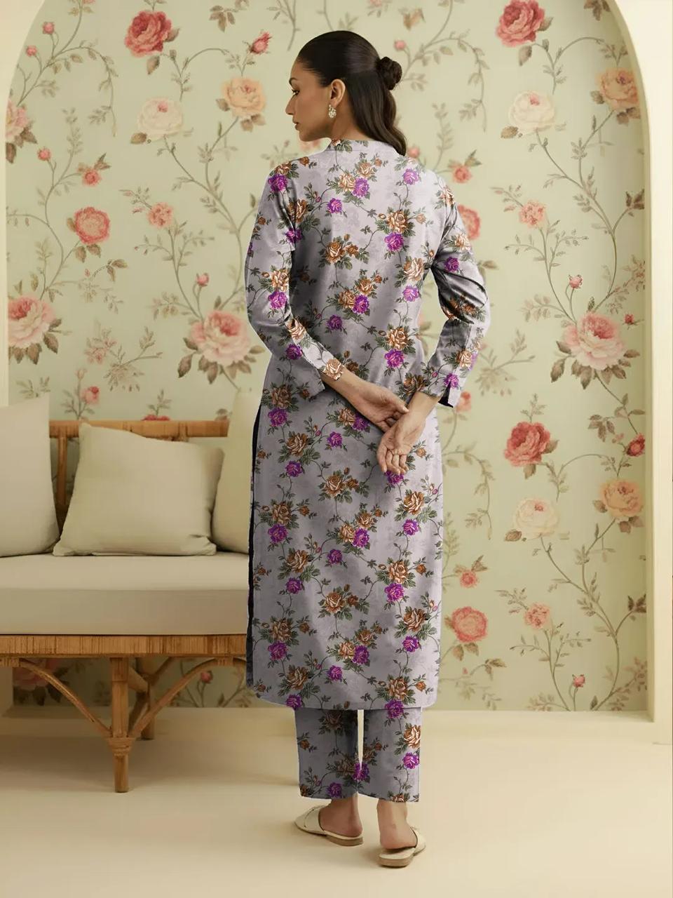 Lavender Floral Printed 2-Piece Suit | Rangrez