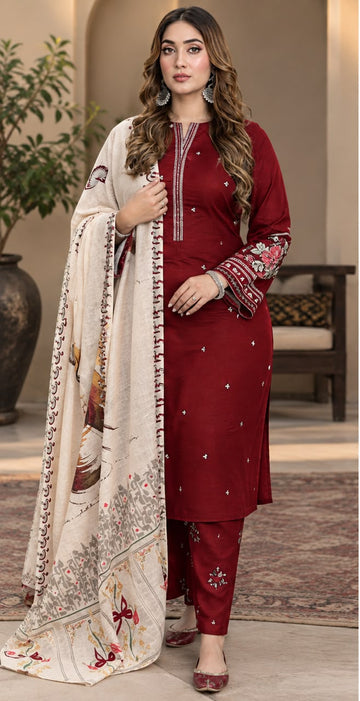 Royal Maroon Velvet Embroidered Three-Piece Suit with Printed Shawl