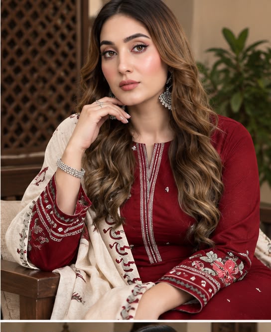 Royal Maroon Velvet Embroidered Three-Piece Suit with Printed Shawl