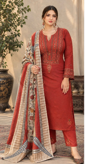 Elegant Rust-Orange Embroidered Three-Piece Suit with Printed Shawl