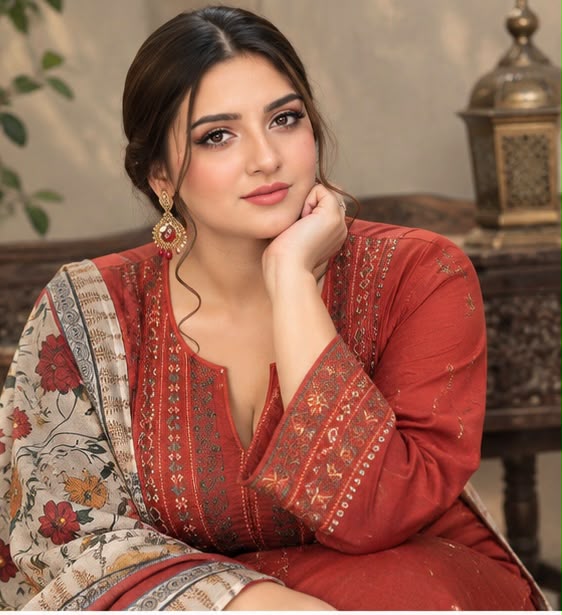 Elegant Rust-Orange Embroidered Three-Piece Suit with Printed Shawl