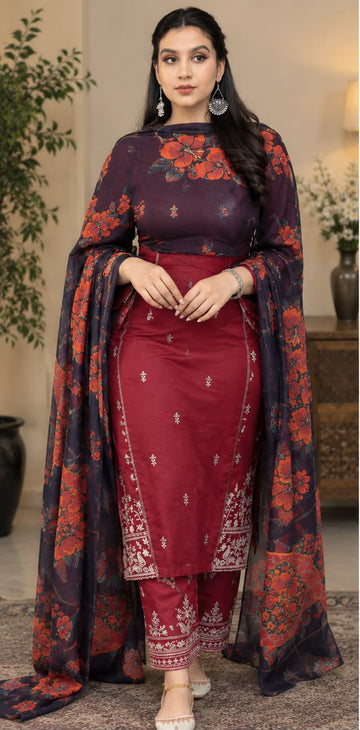 Maroon Embroidered Lawn Suit with Printed Dupatta