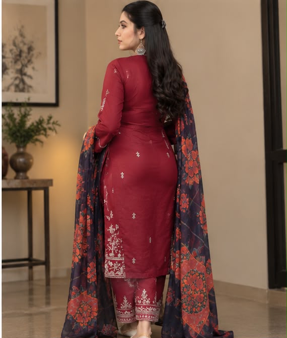 Maroon Embroidered Lawn Suit with Printed Dupatta